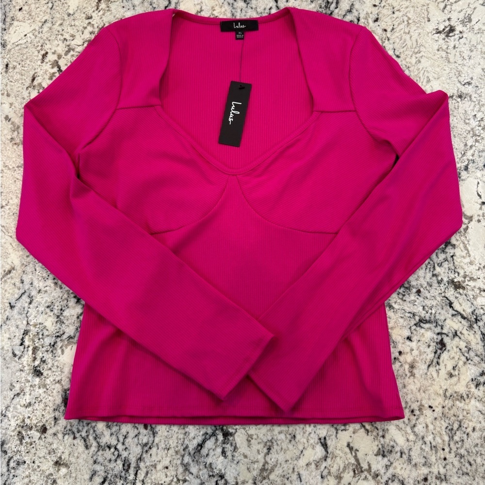 Lulus Hot Pink Ribbed Top XL NWT | Bustier Style Long Sleeve - Picture 3 of 9